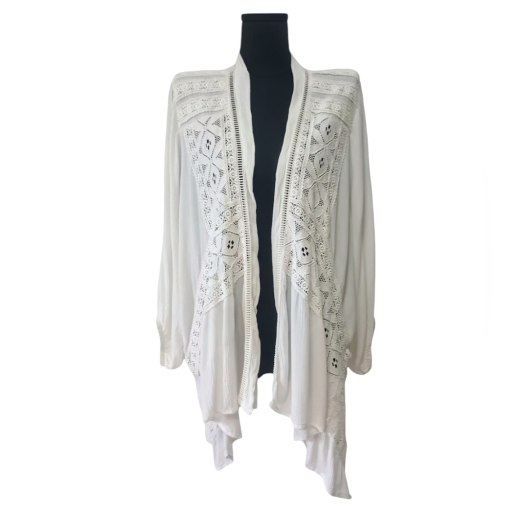 5/$25 Anne French White Lace Panel 3/4 Sleeve Kimono - Picture 2 of 8